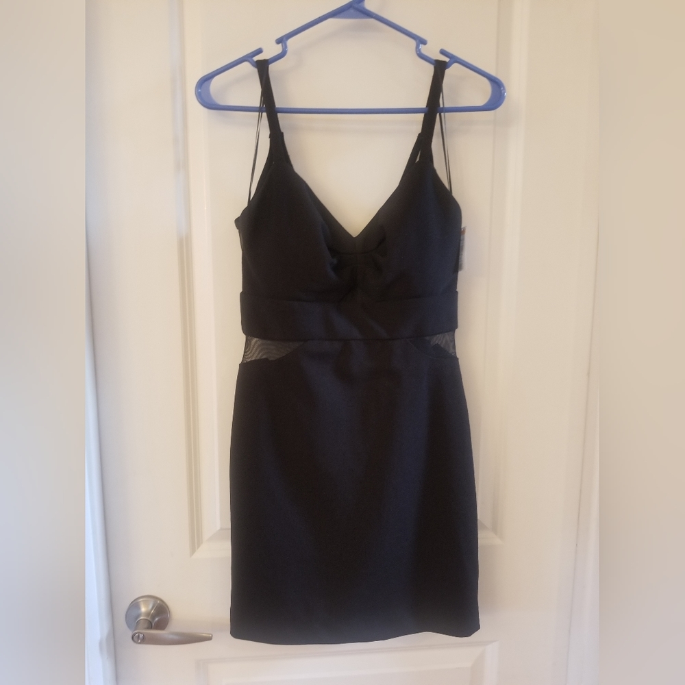 New Morgan & Co Scuba Spaghetti Strap Body-Con Mini Dress Women Sz 3 Black Crepe - Picture 2 of 6